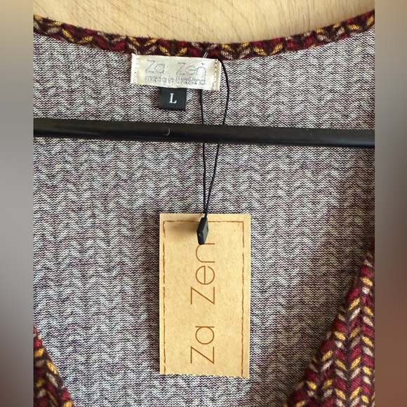 NWT ZA ZEN V-Neck Midi Dress Brown Gold Red Chevron Pattern Sz L Stretchy - Picture 4 of 14